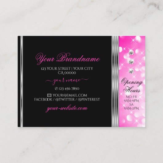 Glamorous Black Girly Pink Glitter Diamonds Silver Visitekaartje (Achterkant)