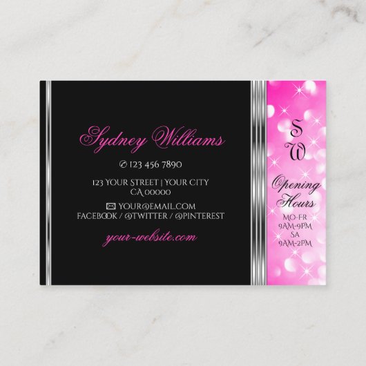 Glamorous Black Girly Pink Glitter Initials Silver Visitekaartje (Achterkant)