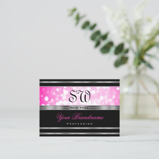 Glamorous Black Girly Pink Glitter Initials Silver Visitekaartje (Staand voorkant)