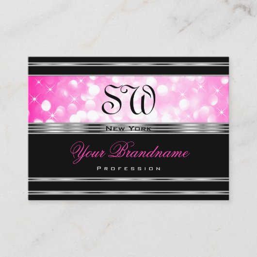 Glamorous Black Girly Pink Glitter Initials Silver Visitekaartje (Voorkant)