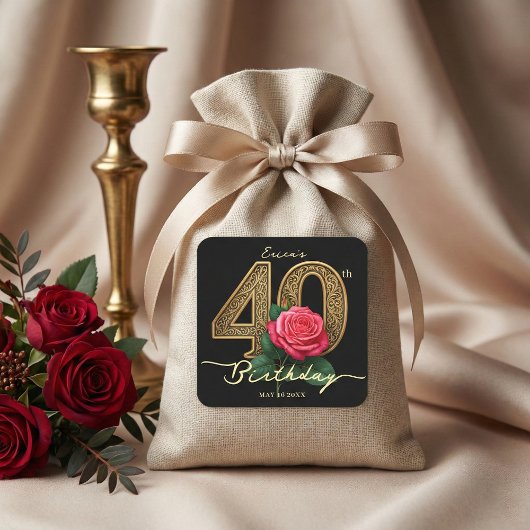 Glamorous Black Gold Red Rose Floral 40th Birthday Vierkante Sticker