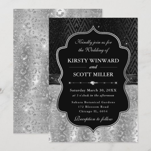 Glamorous Black Silver Leopard Spots Wedding Kaart (Voorkant / Achterkant)