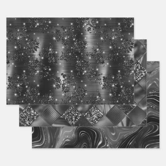 Glamorous Black & Silver Sparkling Patterns Inpakpapier Vel (Set)