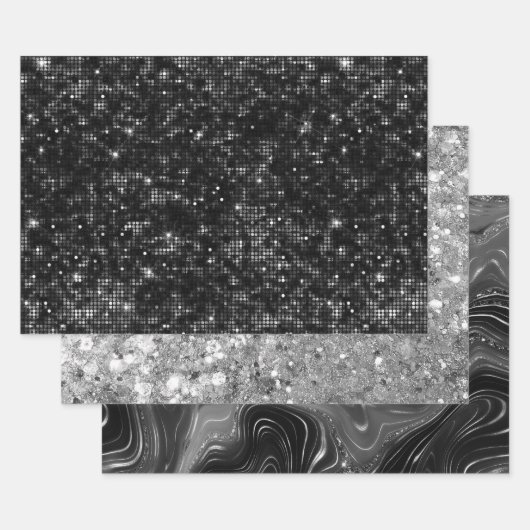 Glamorous Black & Silver Sparkling Patterns Inpakpapier Vel (Set)