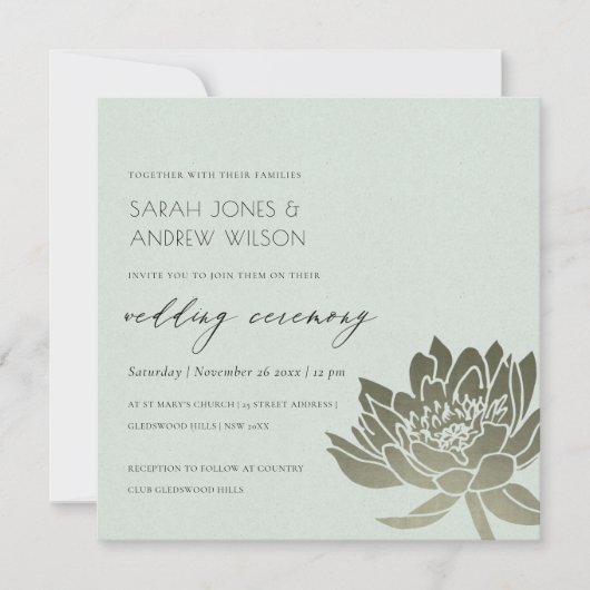 GLAMOROUS BLEEK BLAUW SILVER LOTUS FLORAL WEDING KAART (Voorkant)