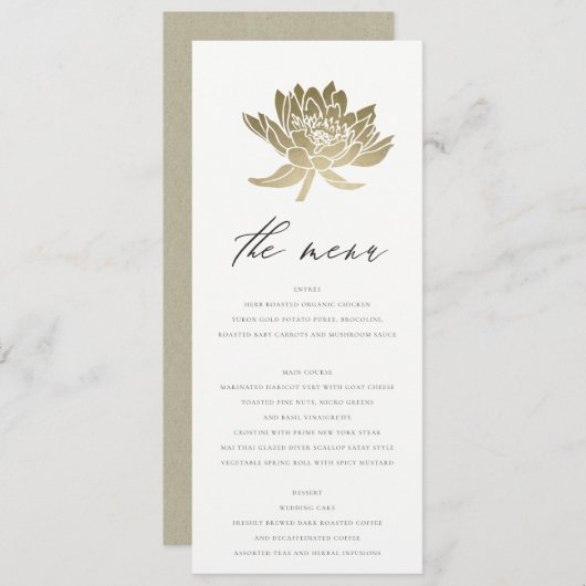 GLAMOROUS BLEEK GOLD WHITE KRAFT LOTUS FLORAL MENU (Voorkant / Achterkant)
