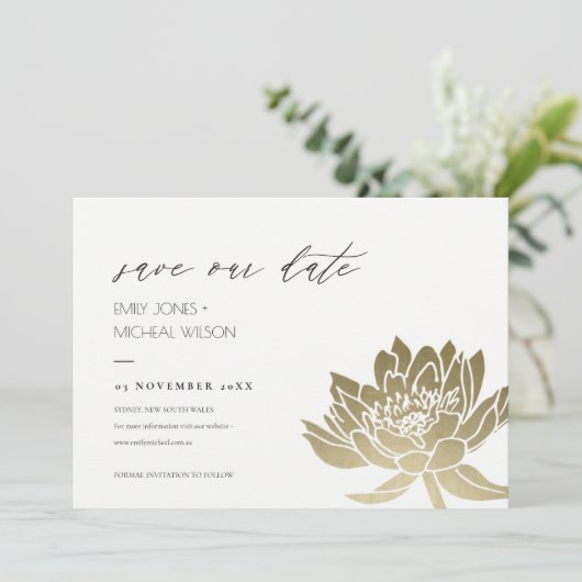 GLAMOROUS BLEEK GOLD WHITE LOTUS BEWAREN DE DATUM SAVE THE DATE (Staand voorkant)