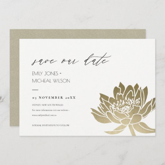 GLAMOROUS BLEEK GOLD WHITE LOTUS BEWAREN DE DATUM SAVE THE DATE (Voorkant / Achterkant)