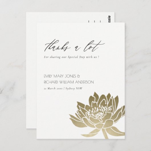 GLAMOROUS BLEEK GOLD WHITE LOTUS FLORAL DANK U BRIEFKAART (Voorkant / Achterkant)