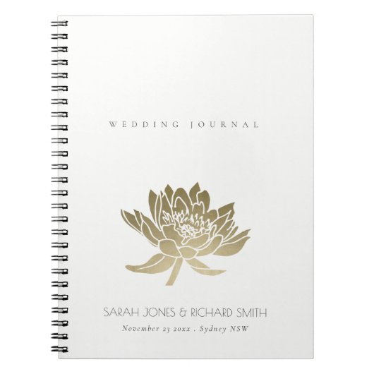 GLAMOROUS BLEEK GOLD WHITE LOTUS FLORAL WEDING NOTITIEBOEK (Voorkant)