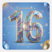 Glamorous Blue Gold Glitter Balloons Sweet 16 Vierkante Sticker (Voorkant)