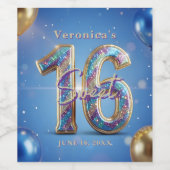 Glamorous Blue Gold Glitter Sweet 16 Birthday Wijn Etiket (Enkel label)