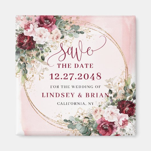 Glamorous Boho Burgundy Blush Gold Floral Date Magneet (Voorkant)