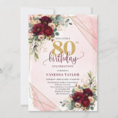Glamorous Boho Burgundy Gold Roses 80th Birthday  Kaart (Voorkant)