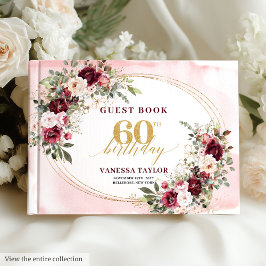 Glamorous Boho Marsala Floral Gold 60th Birthday  Gastenboek
