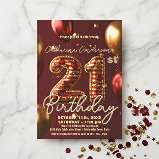 Glamorous Burgundy Red Gold Balloon 21st Birthday Kaart