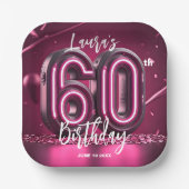 Glamorous Chic Hot Pink Neon 60th Birthday Party Papieren Bordje (Voorkant)