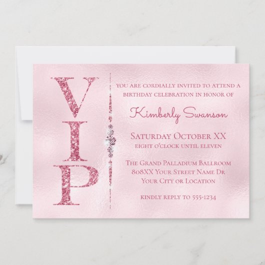 Glamorous Diamonds Pink Glitter VIP Party Kaart (Voorkant)