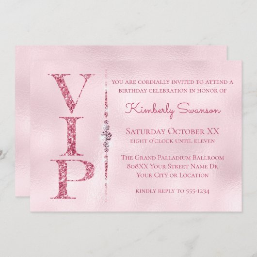 Glamorous Diamonds Pink Glitter VIP Party Kaart (Voorkant / Achterkant)