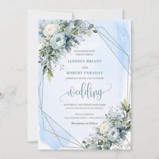 Glamorous Dusty Blue White Silver Peonies Wedding  Kaart (Voorkant)