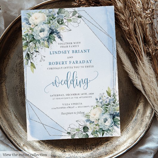 Glamorous Dusty Blue White Silver Peonies Wedding  Kaart