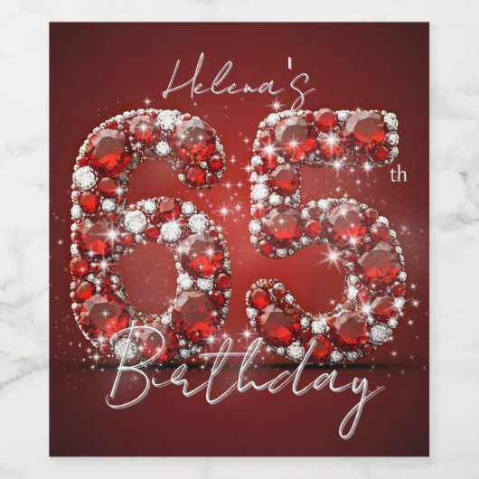 Glamorous Elegant Ruby Red Diamonds 65th Birthday Wijn Etiket (Enkel label)