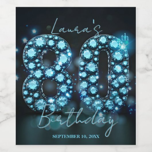 Glamorous Elegant Teal Blue Diamonds 80th Birthday Wijn Etiket (Enkel label)