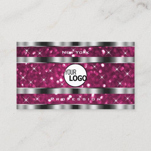 Glamorous Girly Pink Glitter Stars Logo Silver Visitekaartje (Voorkant)
