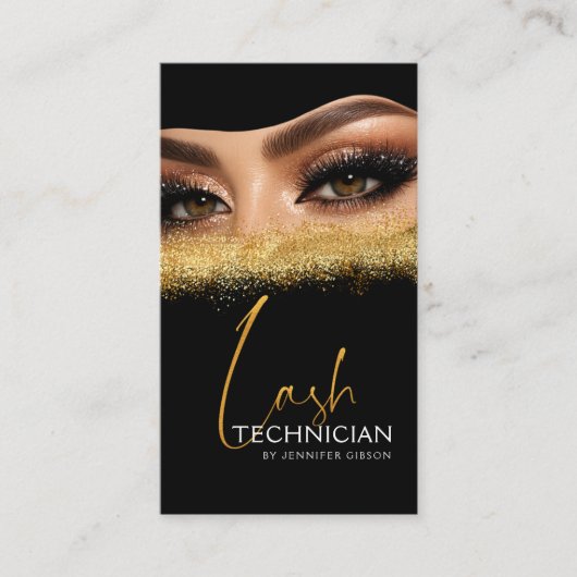 Glamorous Gold & Black Lash Tech QR Code Visitekaartje (Voorkant)