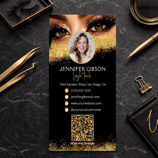 Glamorous Gold & Black Lash Tech QR Code  Visitekaartje