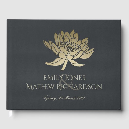 GLAMOROUS GOLD BLUE BLACK LOTUS FLORAL MONOGRAM GASTENBOEK (Voorkant)