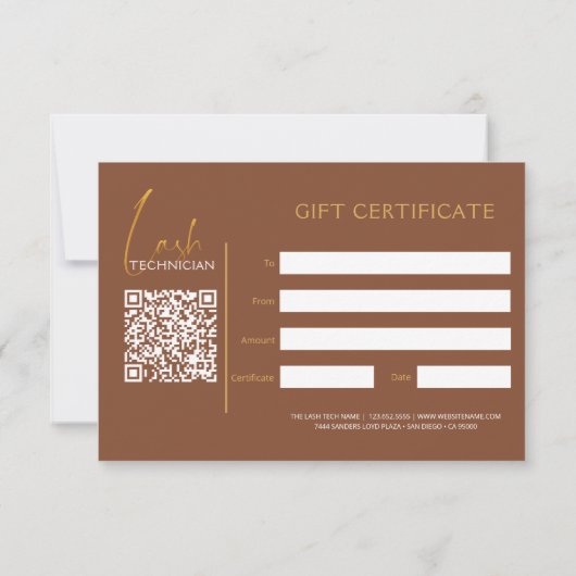 Glamorous Gold & Brown Lash Tech  Gift Certificate (Achterkant)