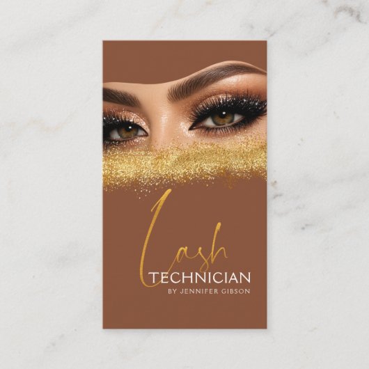Glamorous Gold & Brown Lash Tech QR Code  Visitekaartje (Voorkant)