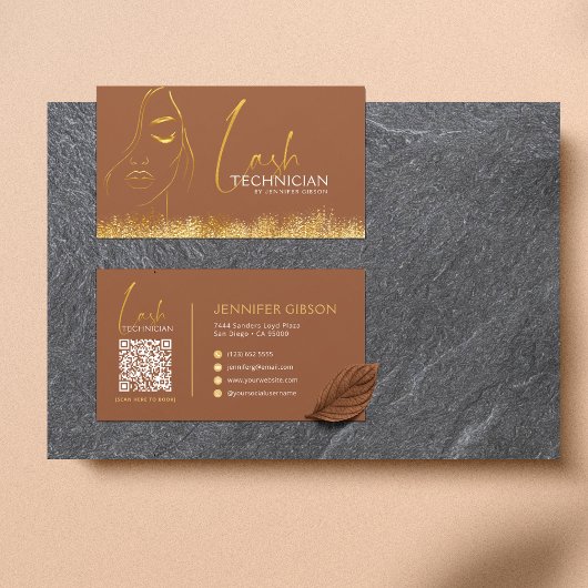 Glamorous Gold & Brown Lash Tech QR Code  Visitekaartje