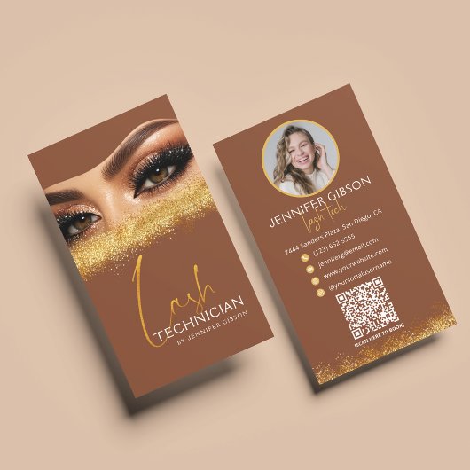 Glamorous Gold & Brown Lash Tech QR Code  Visitekaartje