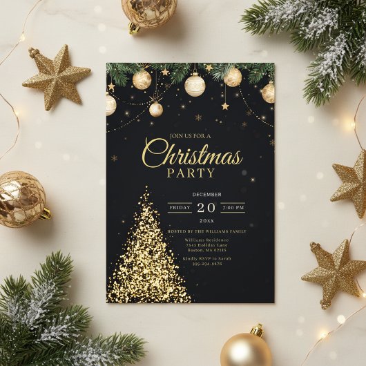 Glamorous Gold Christmas Tree Party Invite Kaart