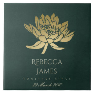 GLAMOROUS GOLD DARK GREEN LOTUS BEWAREN DATUM GIFT TEGELTJE