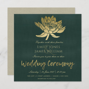 GLAMOROUS GOLD DARK GREEN LOTUS FLORAL WEDING KAART