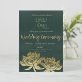GLAMOROUS GOLD DARK GREEN LOTUS FLORAL WEDING KAART (Staand voorkant)