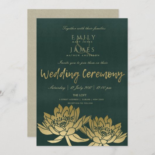 GLAMOROUS GOLD DARK GREEN LOTUS FLORAL WEDING KAART (Voorkant / Achterkant)