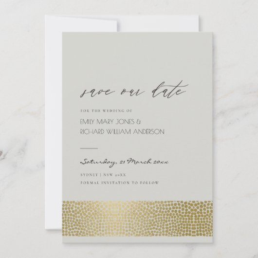 GLAMOROUS GOLD GRAY STIPPEN MOSAIC BEWAREN DE DATU SAVE THE DATE (Voorkant)
