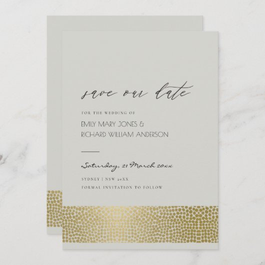 GLAMOROUS GOLD GRAY STIPPEN MOSAIC BEWAREN DE DATU SAVE THE DATE (Voorkant / Achterkant)