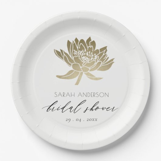GLAMOROUS GOLD WHITE LOTUS FLORAL VRIJGEZELLENFEES PAPIEREN BORDJE (Voorkant)