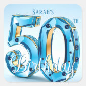 Glamorous Light Blue Jewel 50th Birthday Vierkante Sticker (Voorkant)