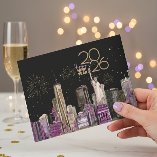 Glamorous NYC New Year Card 2026 | Black & Purple  Feestdagen Kaart