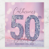 Glamorous Pink Bokeh Silver Sequins 50th Birthday Wijn Etiket (Enkel label)