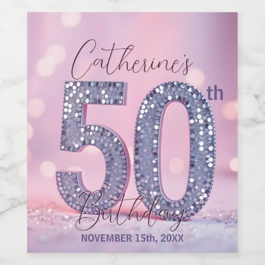 Glamorous Pink Bokeh Silver Sequins 50th Birthday Wijn Etiket (Enkel label)