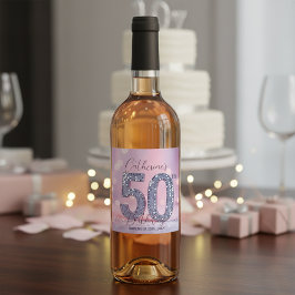 Glamorous Pink Bokeh Silver Sequins 50th Birthday Wijn Etiket