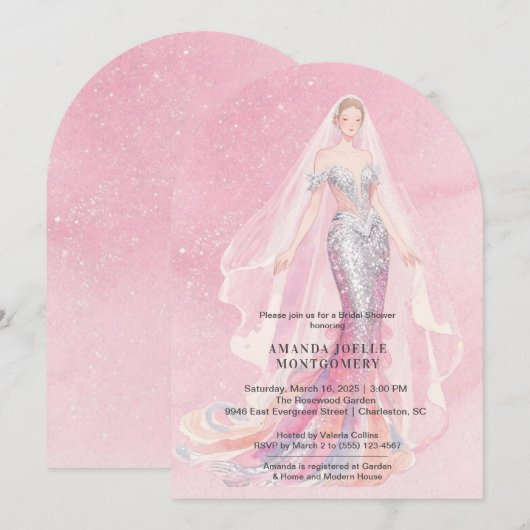 Glamorous Pink Glitter Mermaid Style Bride Dressed Kaart (Voorkant / Achterkant)
