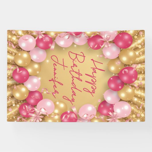 Glamorous Pink Gold Balloons Glitter Birthday Spandoek (Horizontaal)